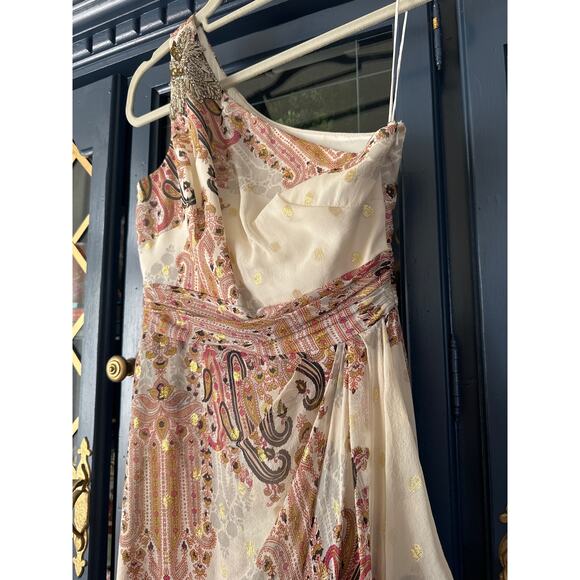 Badgley Mischka Y2K Vintage silk dress one shoulder paisley gown sz 2 cream gold - Picture 6 of 11